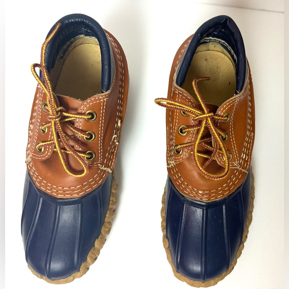 Vintage LL BEAN Bean Boots Gumshoes Duck Navy Blue Tan Leather Rubber Waterproof - Picture 8 of 16